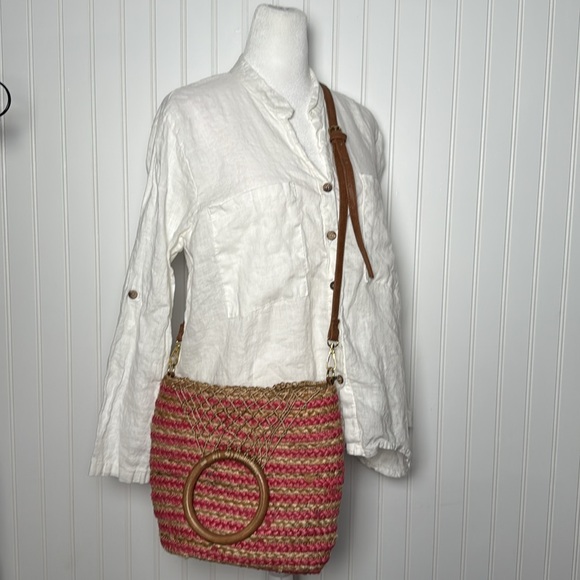 Nanette Lepore Handbags - Nanette Lepore Pink and Tan Jute Bucket Bag